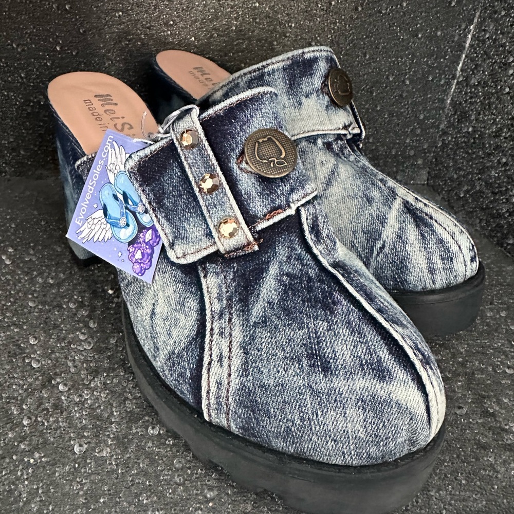 BNWT denim patch platform rubber mule clog Swarovski crystal shoe size 9.5